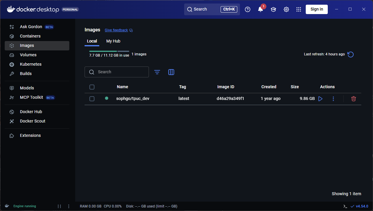 Docker Desktop 中已拉取的 tpuc_dev 镜像
